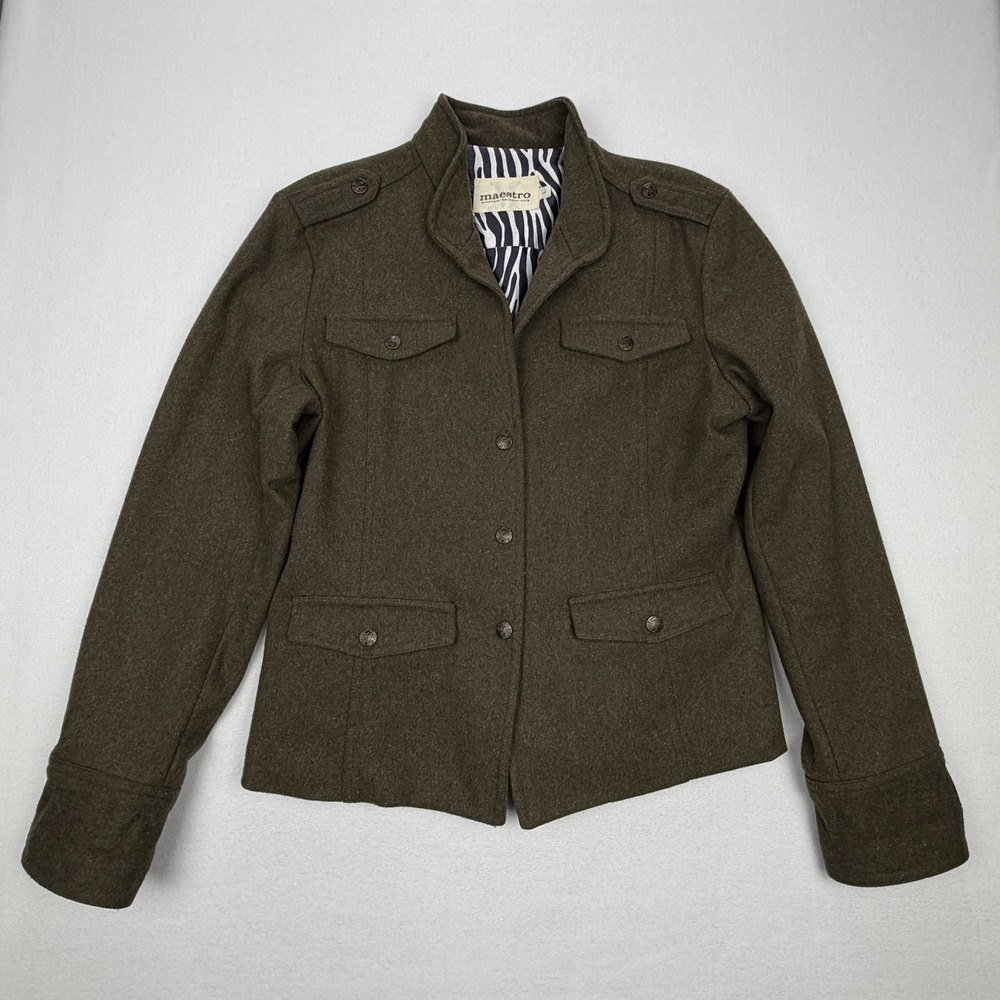 Maestro Women Olive Green Wool Blend Military Jacket Peplum Zebra Lining Large